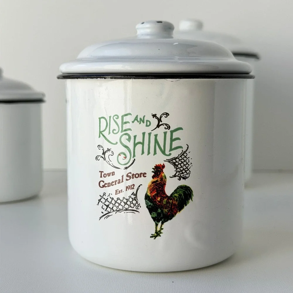 Vintage Rise and Shine Rooster Nesting Enamel Canister 3pc Set Farmhouse
